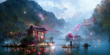 Картинка рисованное кино +мультфильмы вэй усянь лань ванцзи лодка озеро