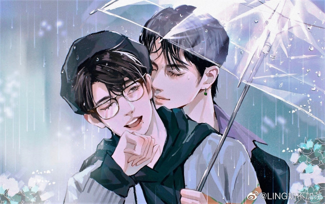 Обои картинки фото рисованное, люди, парни, дождь, зонт, очки