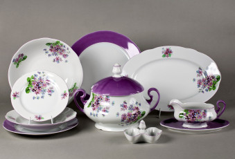 Картинка разное посуда столовые приборы кухонная утварь тарелки фиолетовый цветы сервиз