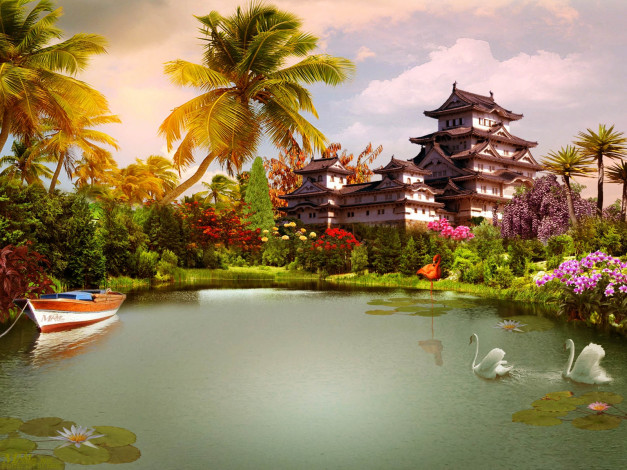 Обои картинки фото 3д, графика, nature, landscape, природа, лодка, лебеди, фламинго, пруд, пагода