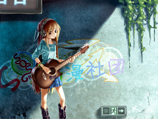 Обои картинки фото аниме, the, melancholy, of, haruhi, suzumiya, девушка, гитара, граффити