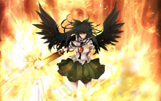 Обои картинки фото аниме, touhou, девушка, оружие, огонь