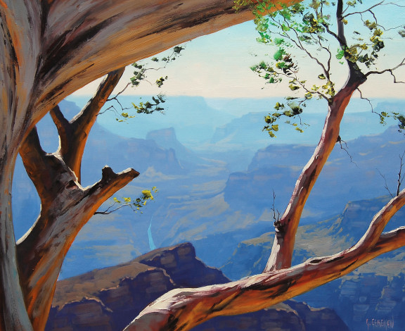 Обои картинки фото рисованные, graham, gercken, скалы, каньон, ветки, природа, деревья