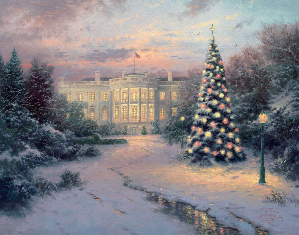 Обои картинки фото рисованные, thomas, kinkade, елка, зима, снег, фонарь