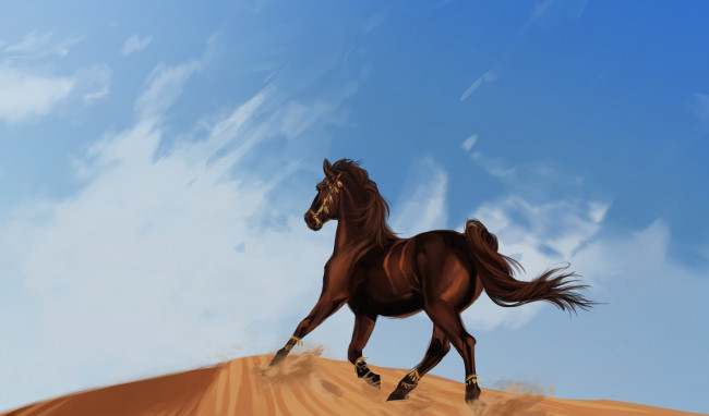 Обои картинки фото рисованные, животные, лошади, бег, вороной, дюна, пустыня, мустанг, лошадь, конь, песок