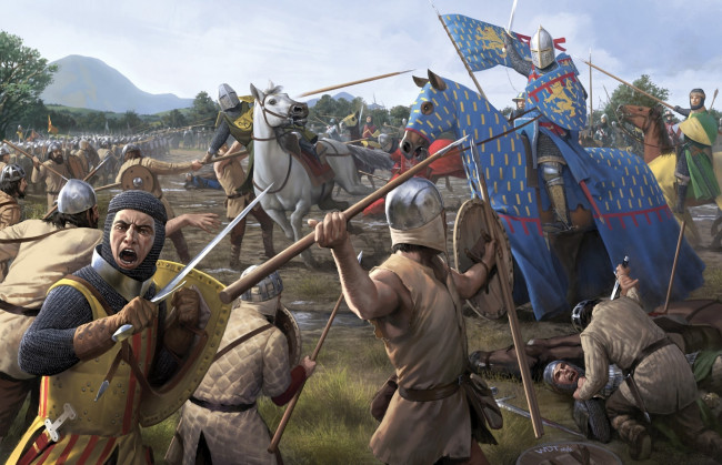 Обои картинки фото рисованные, живопись, меч, оружие, копье, войны, конь, поле, брани, лошадь, средневековье, битва