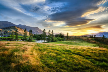 Картинка new zealand природа пейзажи пруд горы новая зеландия луг закат