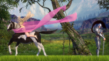 Картинка 3д графика fantasy фантазия девушка природа конь рыцарь шарф