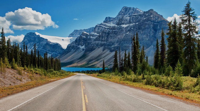 Обои картинки фото banff, national, park, alberta, canada, природа, дороги, канада, альберта, озеро, боу, банф, bow, lake, горы, canadian, rockies, канадские, скалистые, деревья