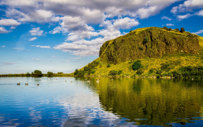 Обои картинки фото scotland, природа, реки, озера, река, отражение, птицы, гора, шотландия