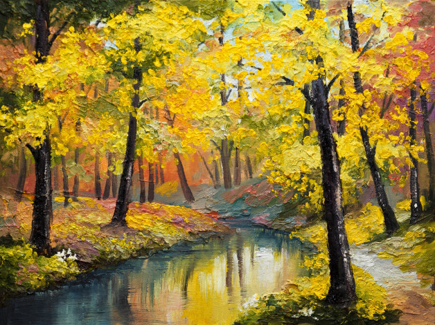 Обои картинки фото рисованные, живопись, деревья, листья, окрас, осень, время, года, река