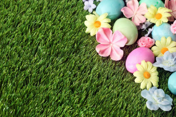Картинка праздничные пасха трава цветы яйцо
