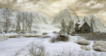 Картинка 3д+графика природа+ nature деревья домик горы зима