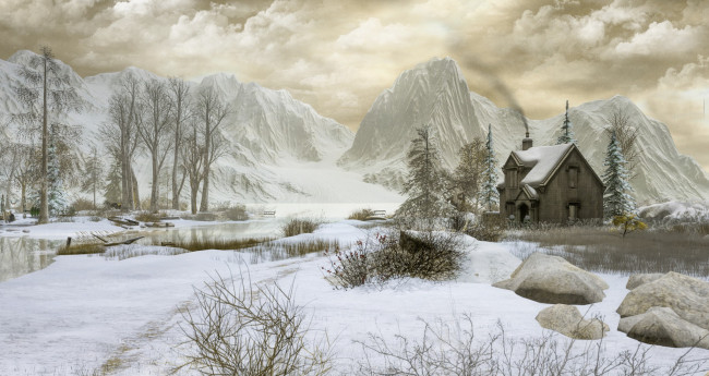 Обои картинки фото 3д графика, природа , nature, деревья, домик, горы, зима