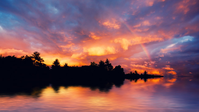 Обои картинки фото природа, восходы, закаты, деревья, вечер, облака, вода