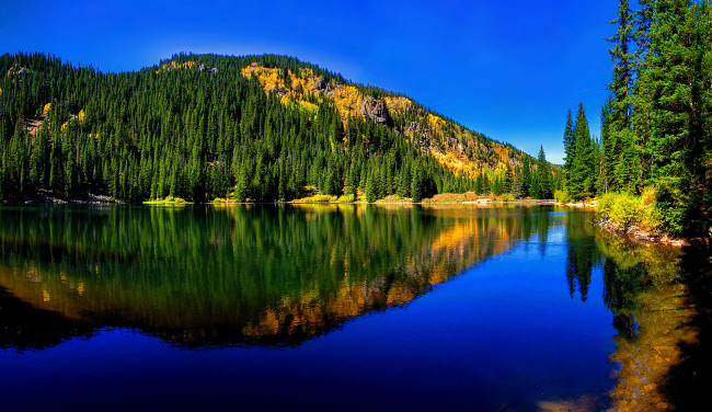 Обои картинки фото природа, реки, озера, пейзаж, озеро, лес, деревья, ели, гора