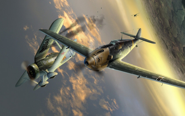 Обои картинки фото авиация, 3д, рисованые, graphic, война, и-153, чайка, ме-109, сражение, в, небе