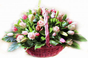 Картинка цветы букеты композиции корзина тюльпаны