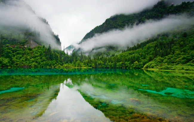 Обои картинки фото природа, реки, озера, озеро, горы, туман, зелень
