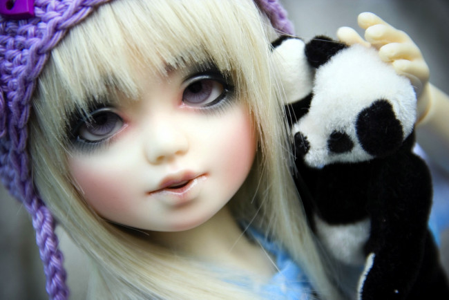 Обои картинки фото разное, игрушки, кукла, шапочка, глаза, панда