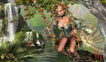 Картинка 3д графика fantasy фантазия собака качели цветы водопад гусь стрекоза