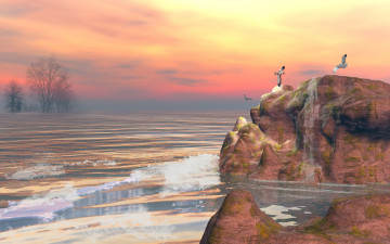 Картинка 3д графика nature landscape природа камни море чайки закат