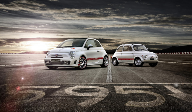 Обои картинки фото 2013, abarth, 595, автомобили, fiat, дорога, закат