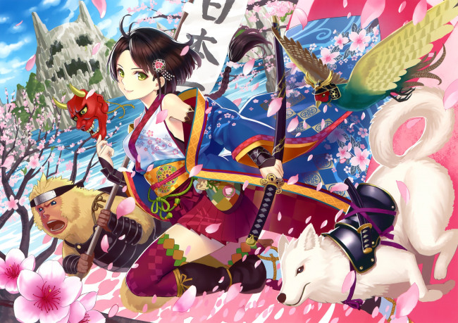 Обои картинки фото аниме, weapon, blood, technology, маска, птица, кимоно, меч, собака, обезьяна, девушка