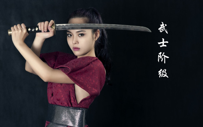 Обои картинки фото девушки, -unsort , девушки с оружием, девушка, азиатка, меч, , иероглифы, вакидзаси