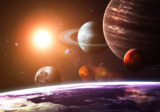Обои картинки фото космос, арт, solar, system, as, seen, from, earth, planets