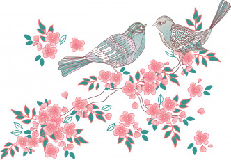 Картинка векторная+графика животные+ animals птицы фон лепестки цветы ветка