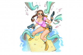 Картинка рисованное комиксы девушка фон плот взгляд пистолет осьминог