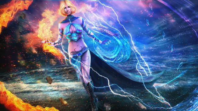 Обои картинки фото видео игры, guild wars 2, шторм, вода, огонь, девушка, elementalist, арт, guild, wars, 2, магия