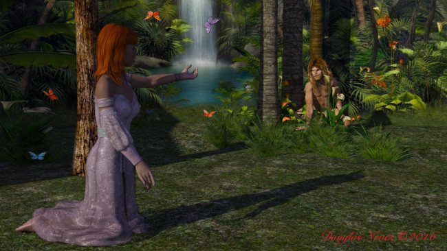 Обои картинки фото 3д графика, фантазия , fantasy, лес, фон, взгляд, девушка