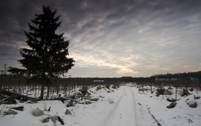 Обои картинки фото природа, дороги, тучи, мусор, дорога, зима, снег, небо