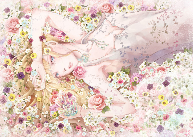 Обои картинки фото  1 , yakusoku0722, аниме, unknown,  другое, цветы, девушка