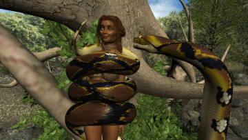 Картинка 3д+графика фантазия+ fantasy дерево змея фон взгляд девушка