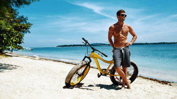 обоя мужчины, - unsort, велосипед, пляж