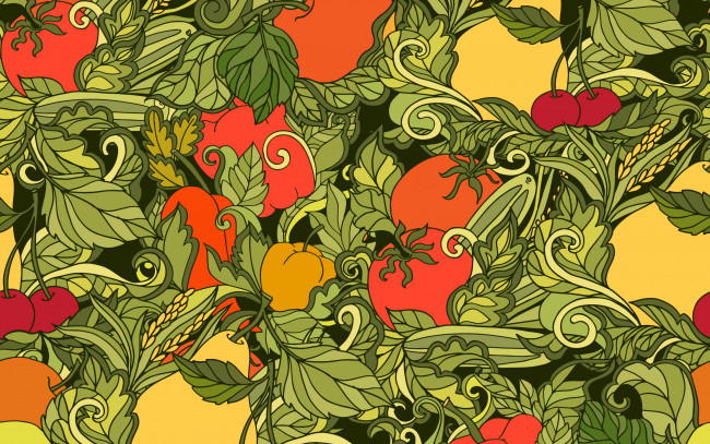 Обои картинки фото векторная графика, еда , food, vegetables, fruits, pattern, текстура, абстракция, фон, seamless, leaves