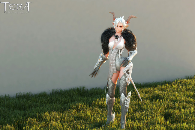 Обои картинки фото видео игры, tera,  the exiled realm of arborea, взгляд, фон, девушка, униформа, рога