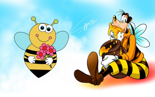 Обои картинки фото мультфильмы, disney, пчела, гуфи, мед