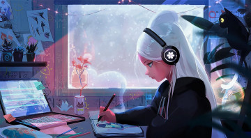 Картинка аниме оружие +техника +технологии девушка наушники рисунок ноутбук кот
