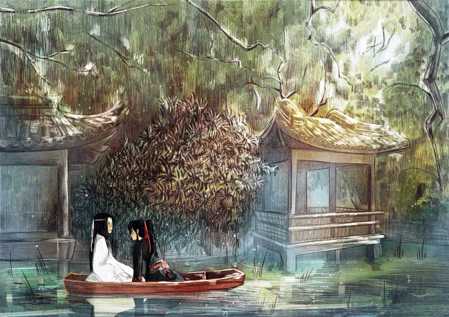 Обои картинки фото аниме, mo dao zu shi, лань, ванцзи, вэй, усянь, лодка, постройки