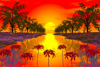 Картинка 3д графика nature landscape природа деревья закат вода цветы