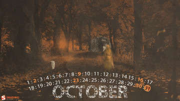 обоя календари, праздники, салюты, октябрь, дорога, кот, привидение, хэллоуин