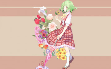 обоя аниме, touhou, девушка, цветы, зеленые, волосы, зонт