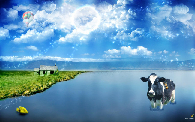 Обои картинки фото разное, компьютерный, дизайн, вода, корова, облака, дом