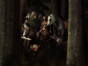 Картинка 3д графика fantasy фантазия очаг эльф люди лошадь