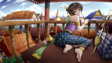 Картинка аниме headphones instrumental музыкальный инструмент сидя балкон девушка lolamai