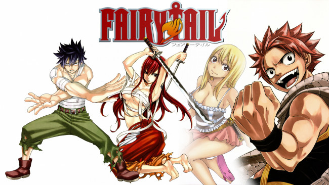 Обои картинки фото аниме, fairy, tail, драка, девушки, мальчики